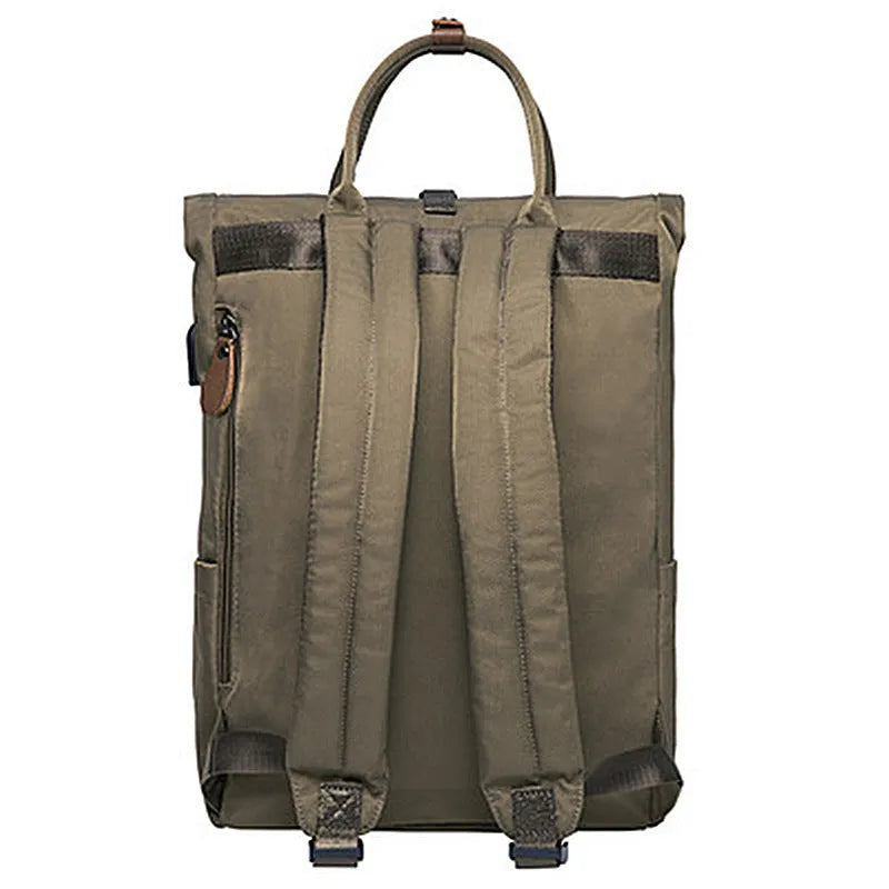 Casual black polyester backpack with a cover flap, showing internal computer pocket and zipper pocket.