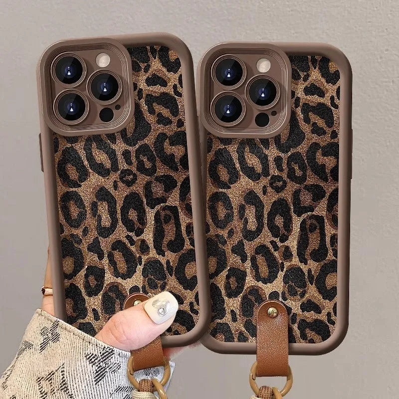 Brown leopard print silicone iPhone case with lanyard attachment point on side