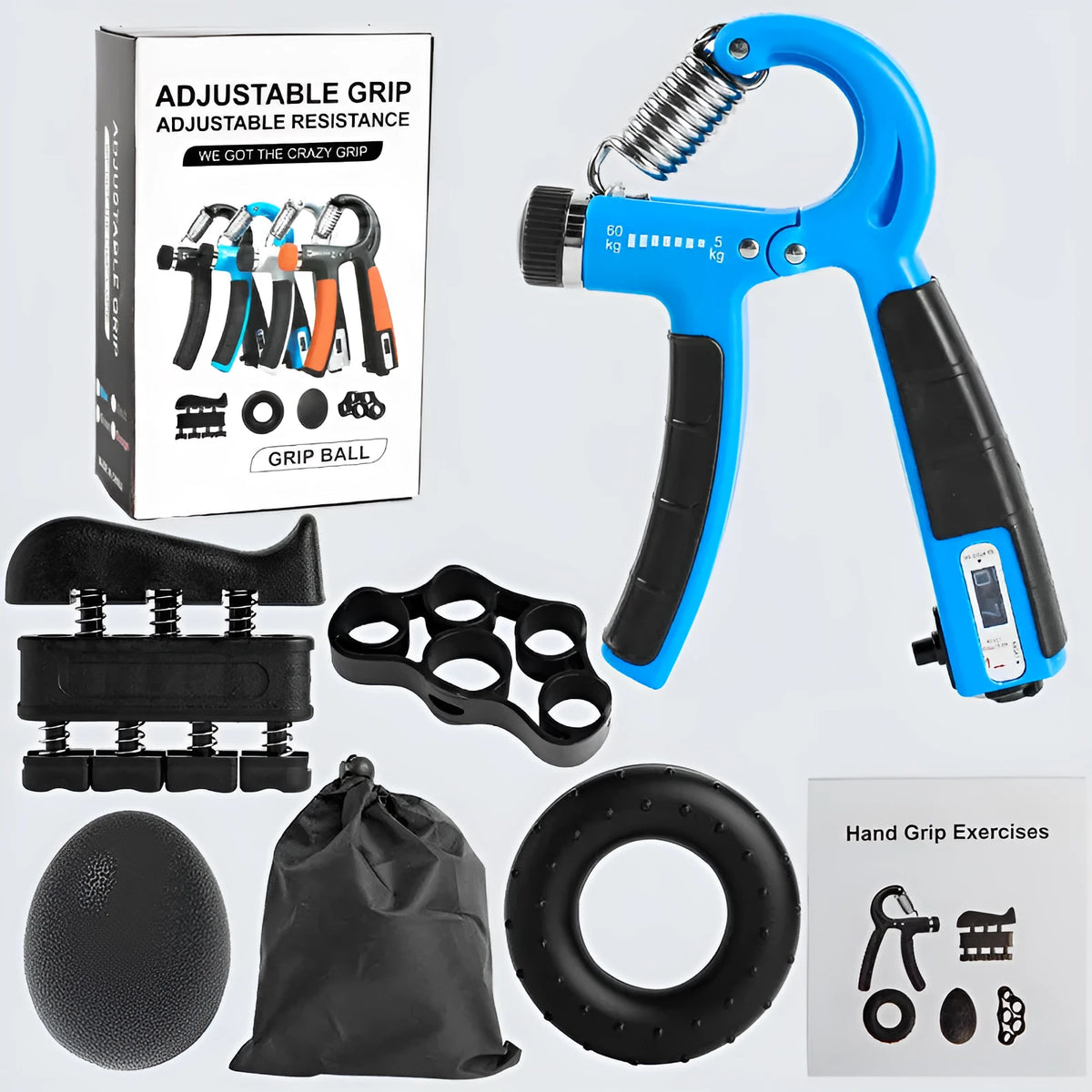 Five-piece grip strength set with counting spring grip, piano grip, finger trainer, silicone gripper and TPE egg ball