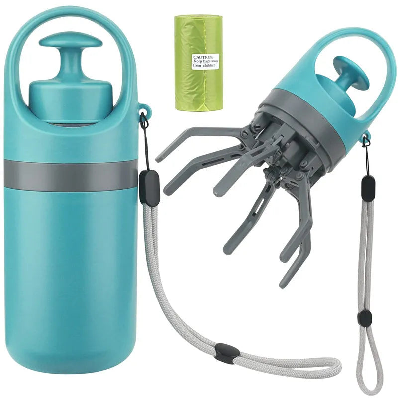 Blue portable dog pooper scooper with claw mechanism and built-in bag dispenser