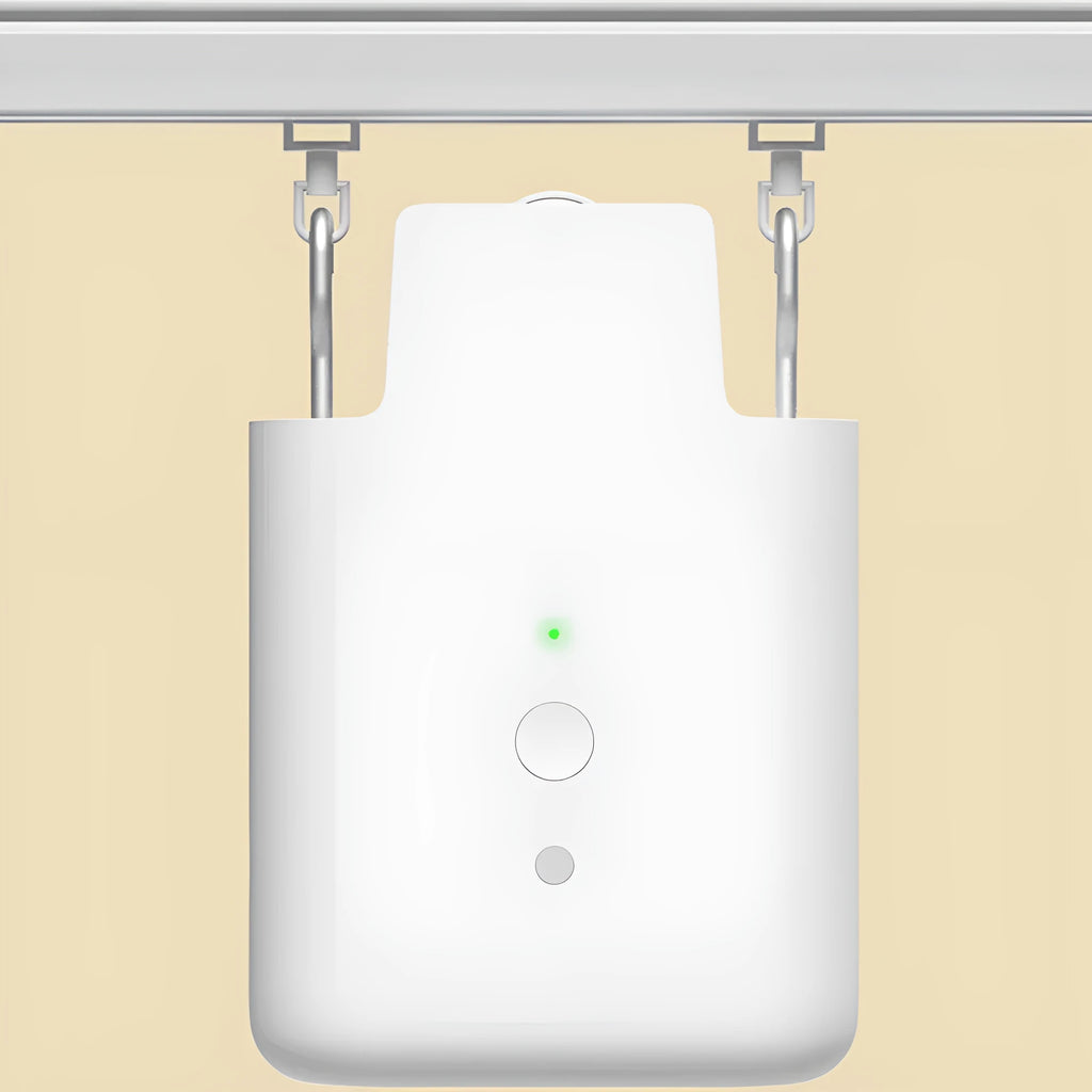 White electric curtain opener with USB charging cable and 6400mAh battery for automatic curtain control