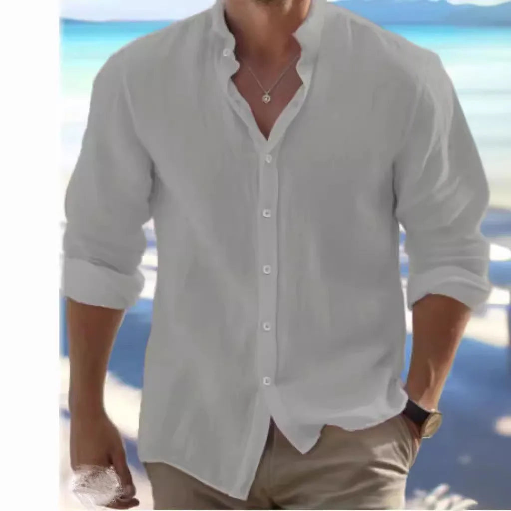 Men's light blue long-staple cotton casual button shirt on a hanger