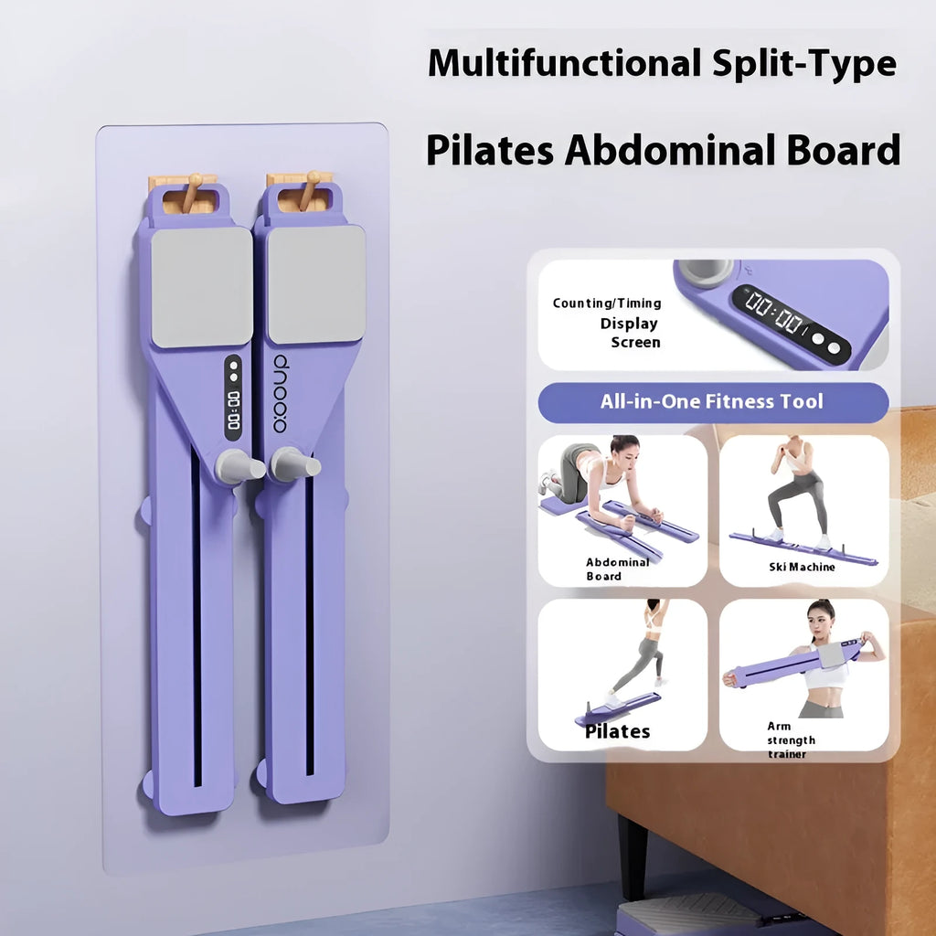 A purple split multifunctional skiing machine trainer (supine board) on a floor, showing its 85cm length.