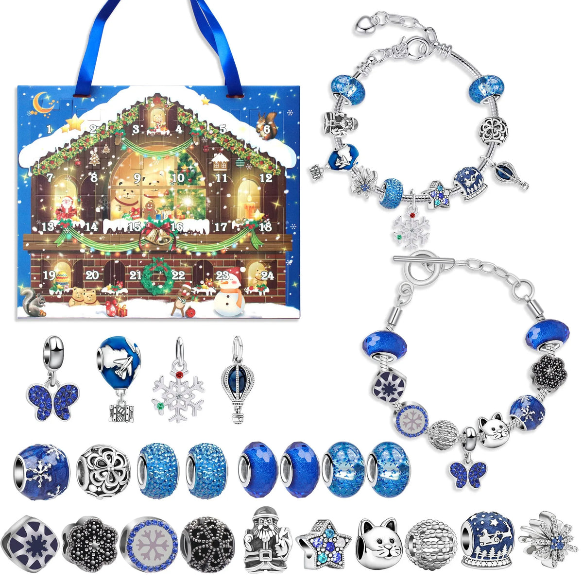 Zinc alloy Christmas advent calendar countdown set with bracelet blind box in flip vertical blue finish