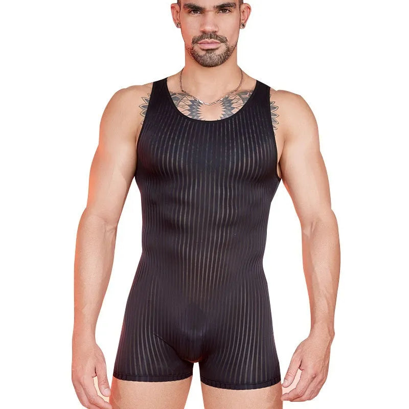Men's striped nylon jumpsuit in free size with vertical bar pattern