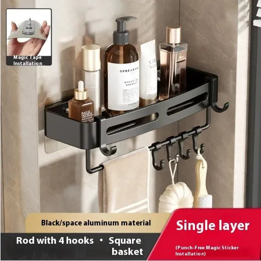 Gun grey punch-free bathroom corner storage rack with triangle basket mounted on wall.