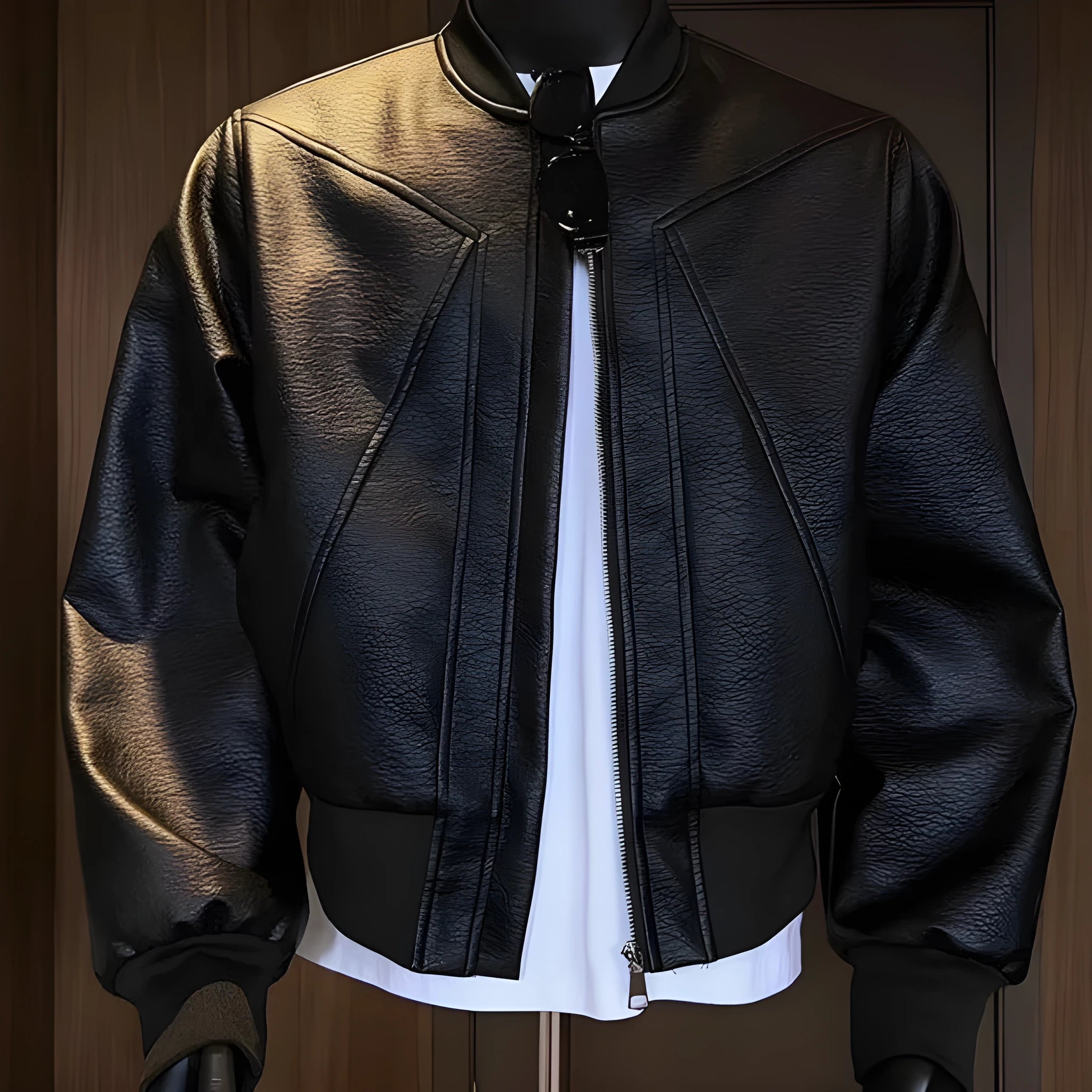 Man wearing a black slim-fit PU leather jacket with litchi grain texture and extended length.