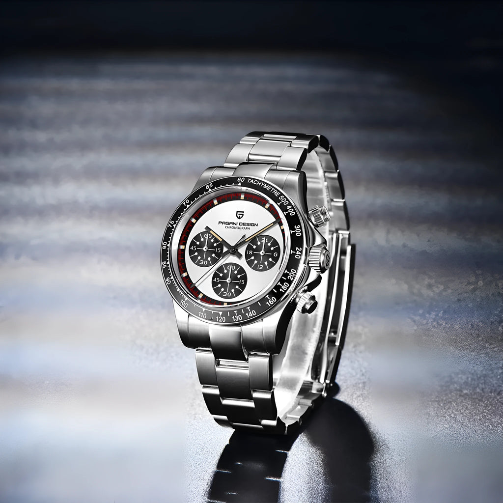 Men's black or white chronograph watch with stainless steel bracelet and 40mm dial