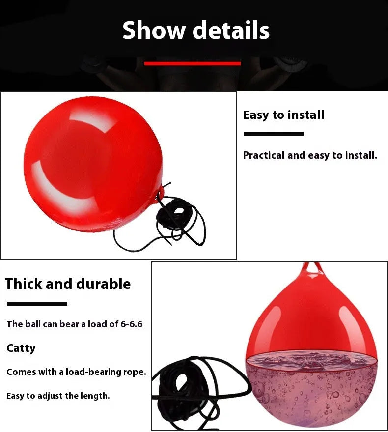 Red PVC water-filled boxing reaction ball with hook rope, 22 cm diameter for Sanda training