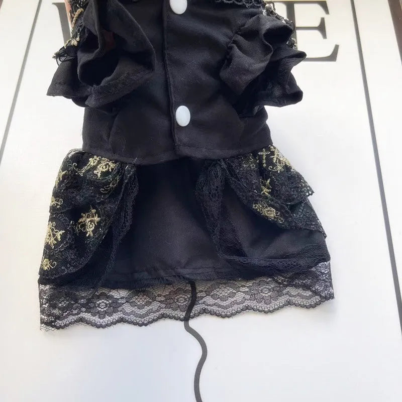 Golden gothic-style princess skirt for a small dog or cat on a mannequin