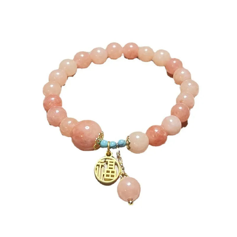 Pink natural stone bracelet with adjustable alloy chain for women