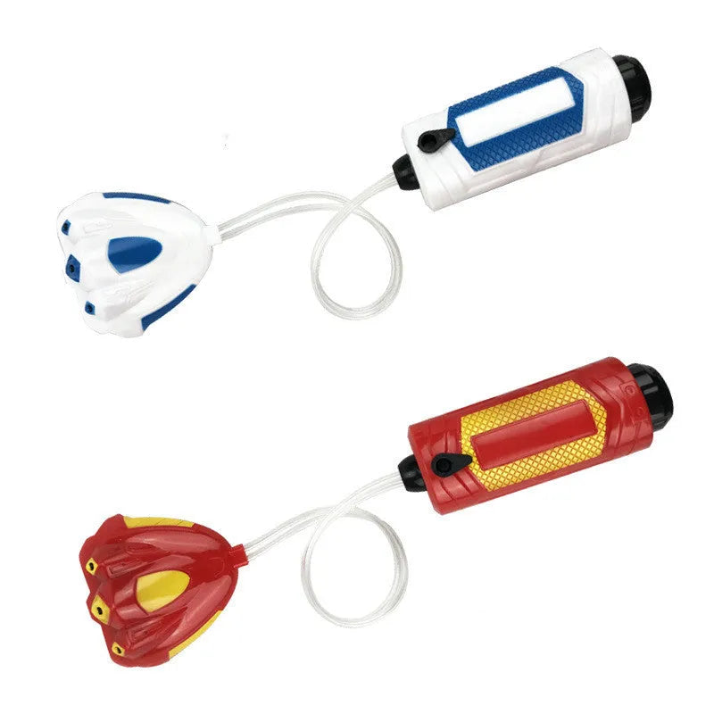 Hand-held plastic water gun in red and blue colours with compact 24x7cm size for outdoor water play