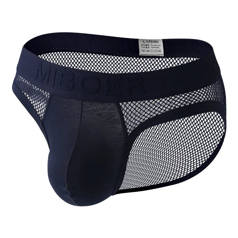 Men's black high-elastic mesh low waist briefs on a white background