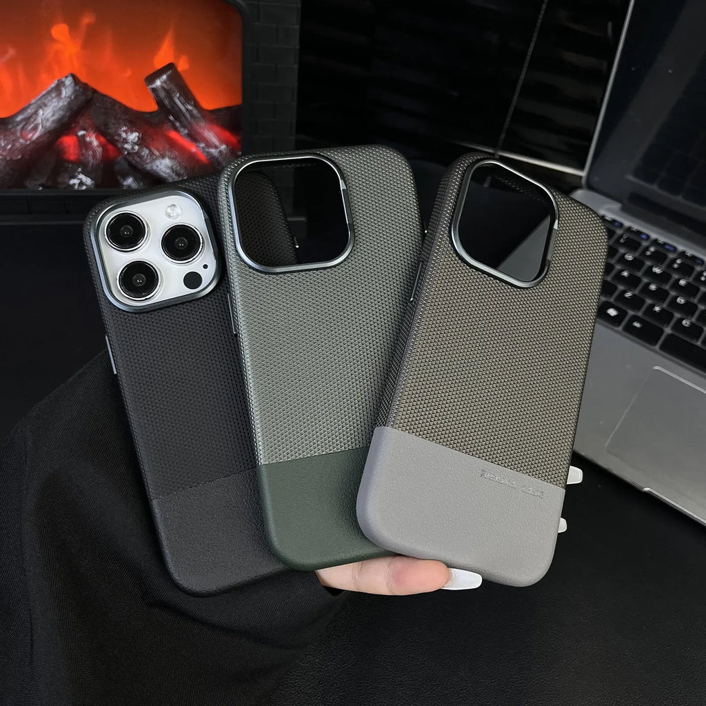 Black dragon scale texture magnetic iPhone case showing side stitching and all-inclusive design.