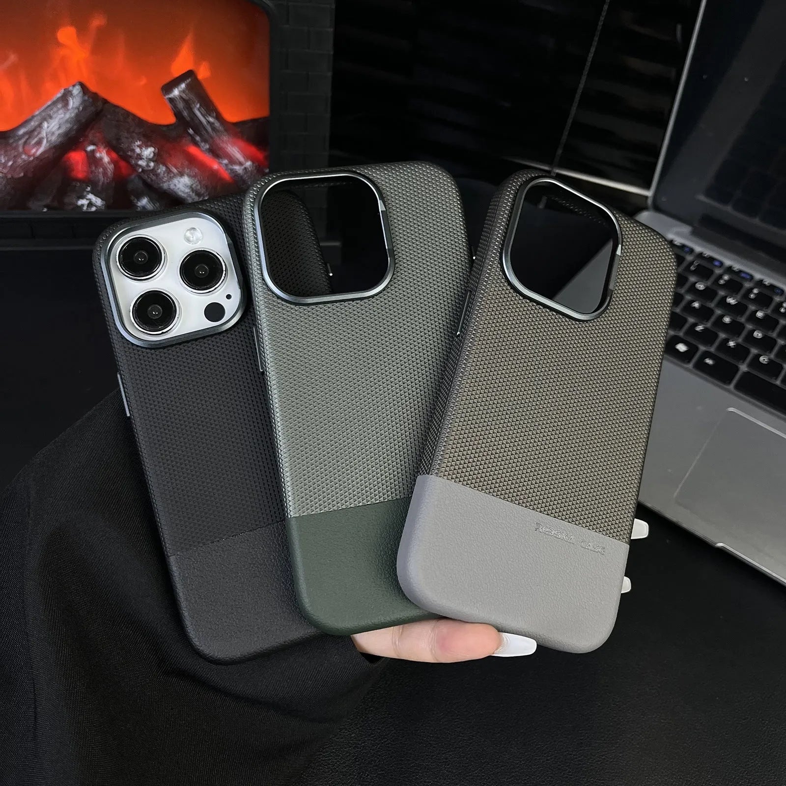 Black dragon scale texture magnetic iPhone case showing side stitching and all-inclusive design.