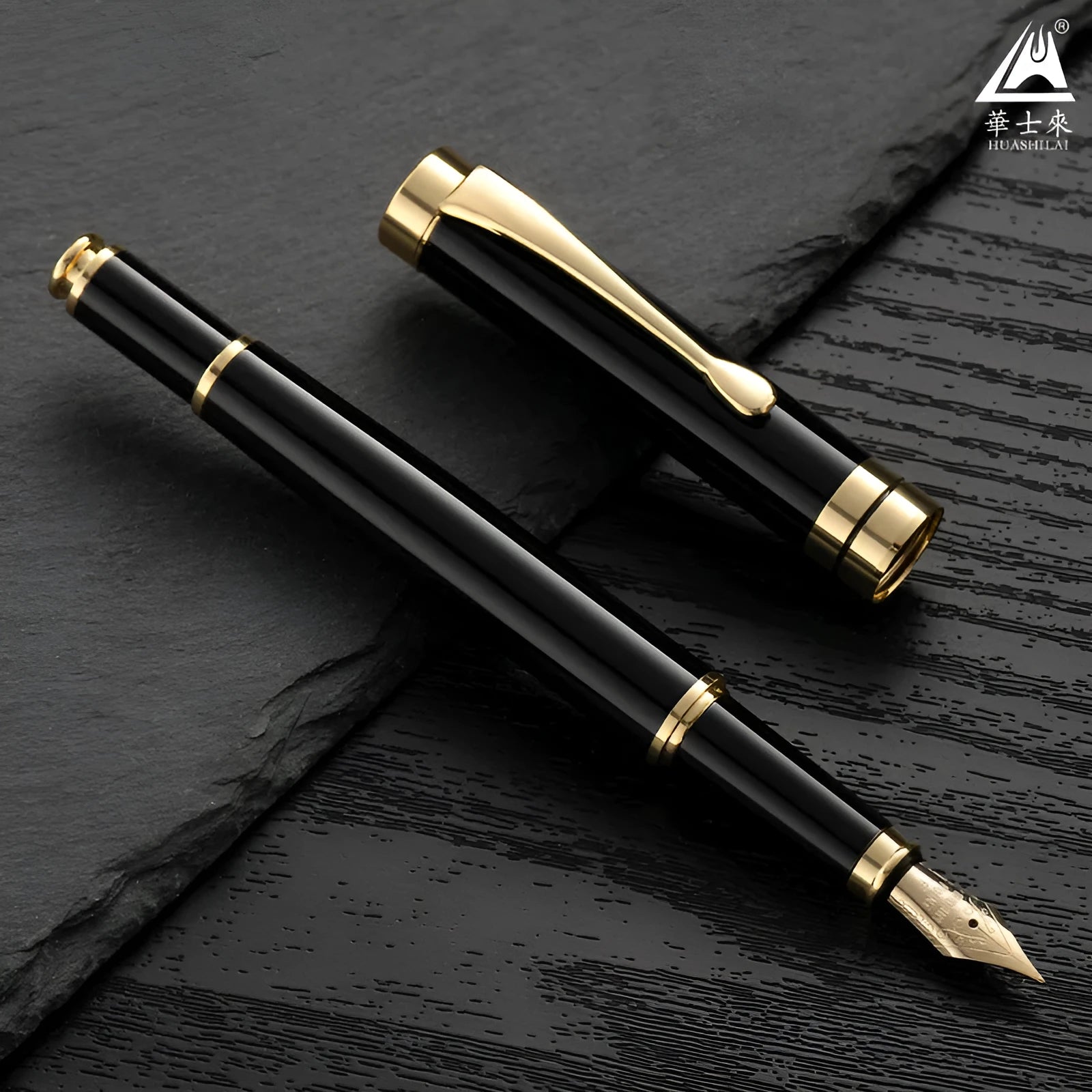 Metal fountain pen with colour options including black, blue, red, white with gold or silver clips