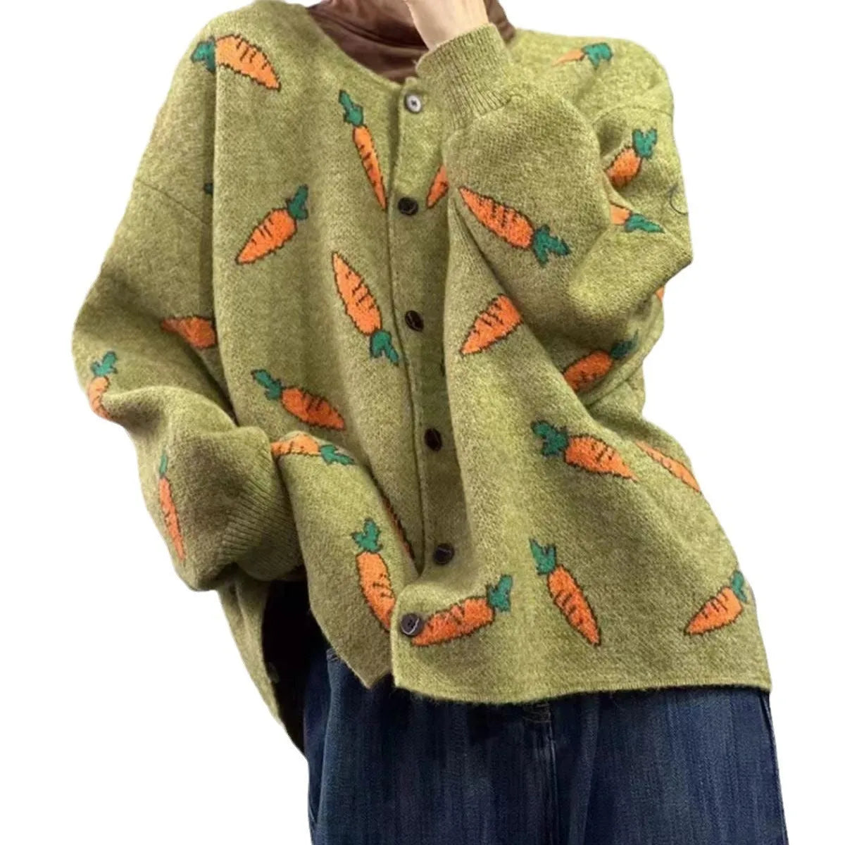 Loose round neck cardigan with Mori artistic printing in colour contrast on viscose fabric.