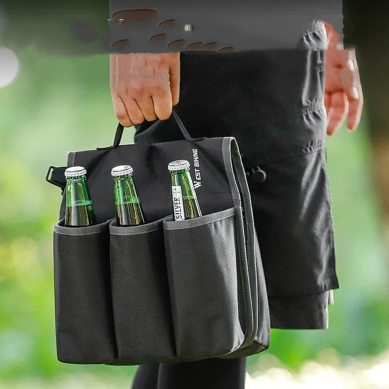 Black and blue orange double-sided bicycle drink holder bag with 2-litre capacity.