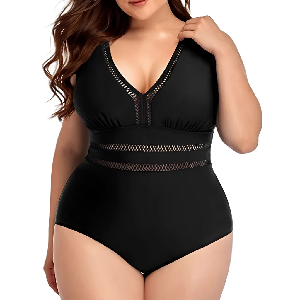 Women's plus size black polyester bikini swimwear with mesh stitching and printing design