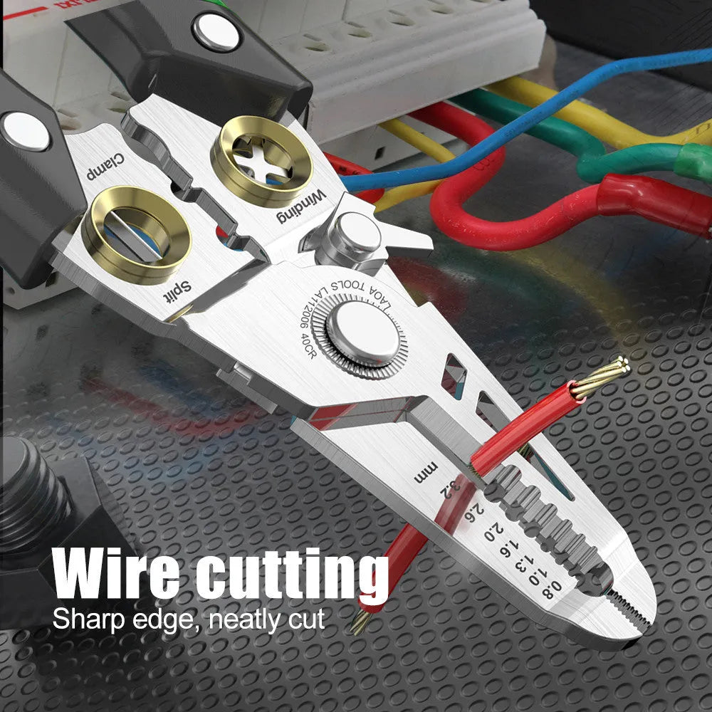 Stainless steel 7-in-1 wire stripper tool with straight handle and multiple stripping apertures