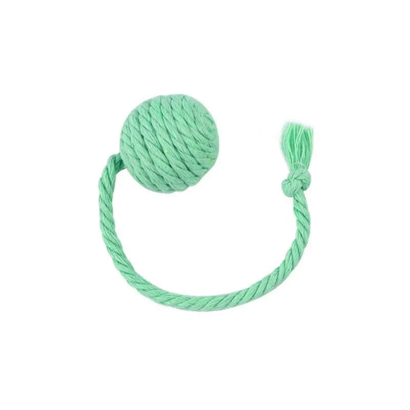 Cat toy ball with attached rope in green, pink, purple or yellow colours showing 3cm and 6cm size options