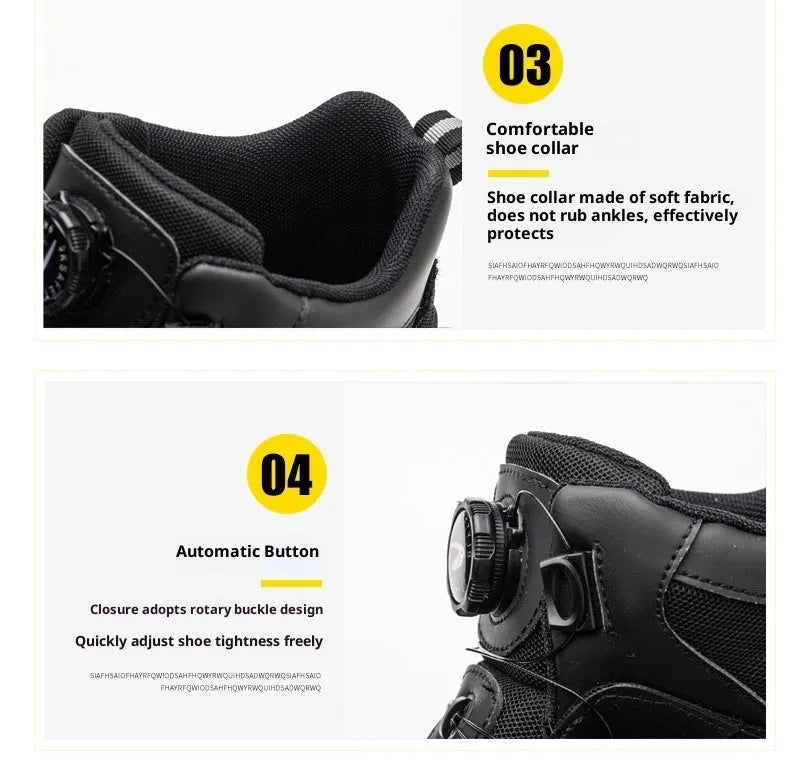 JK7926 black steel toe labour safety shoes with high-top PVC upper and anti-skid rubber sole on a grey background
