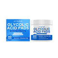Pack of 60 glycolic acid exfoliating facial cotton pads on a blue background.