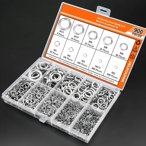 Open box showing assortment of small, silver 304 stainless steel spring and flat washers organised by size.