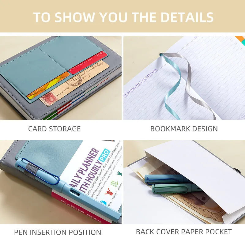 No date notebook with elastic strap in purple PU leather cover showing thread binding and planning stickers