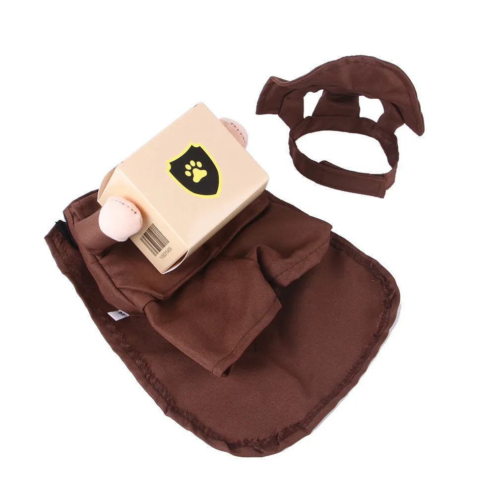 Coffee-coloured pet courier uniform costume for dogs or cats, shown in a standing style.
