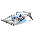 Silver M9 aluminium alloy folding lifting laptop cooling bracket on a desktop