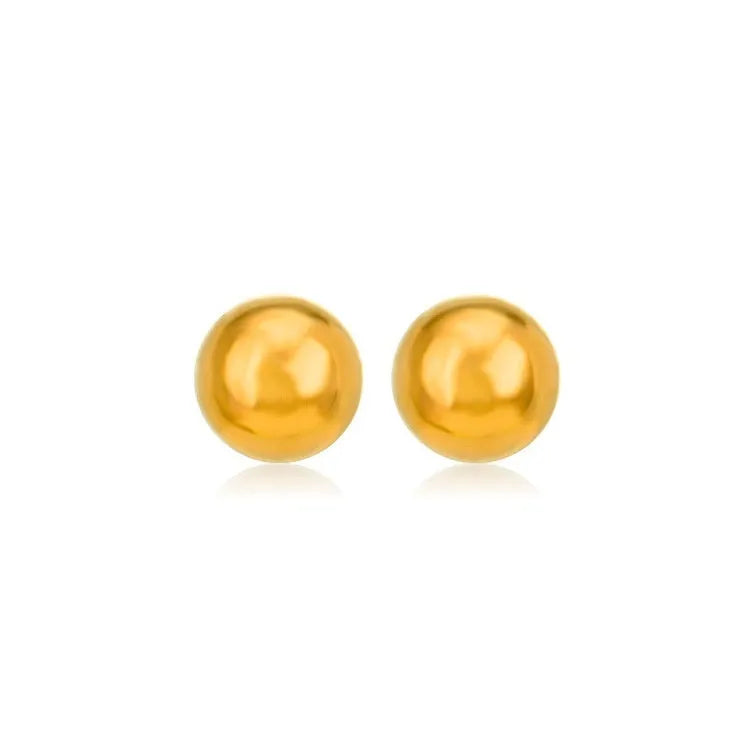 Minimalist round ball stud earrings in gold and silver finishes, showing different size options on a plain background.