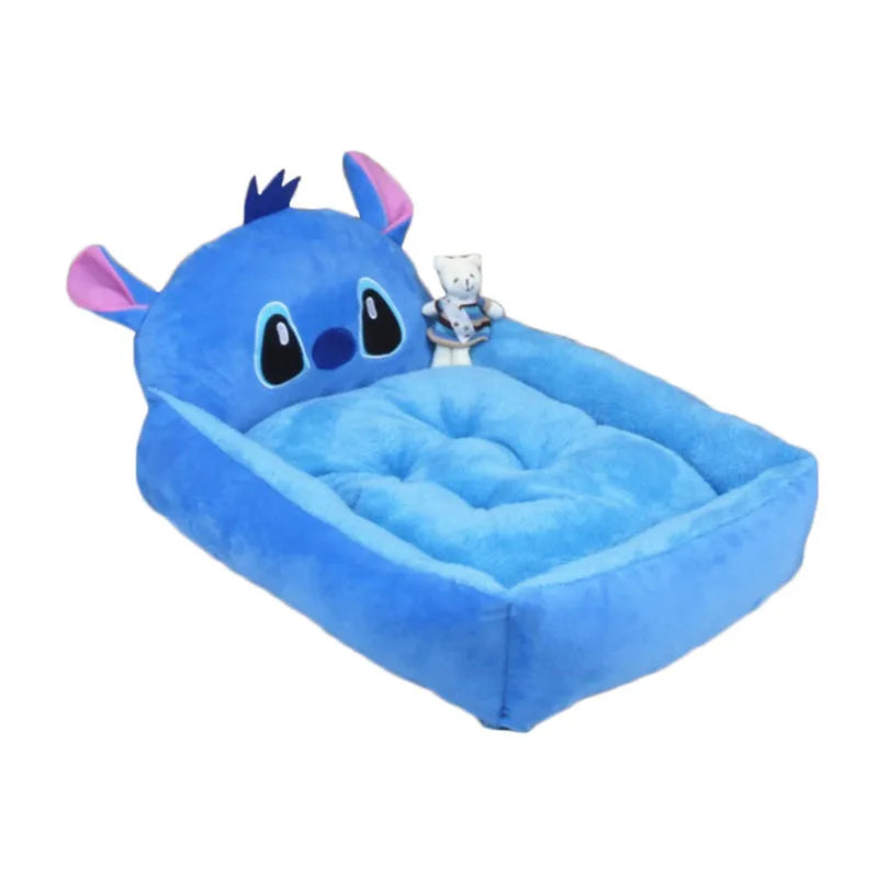 Cartoon-style plush pet bed sofa in blue, shown in small size for a dog or cat.