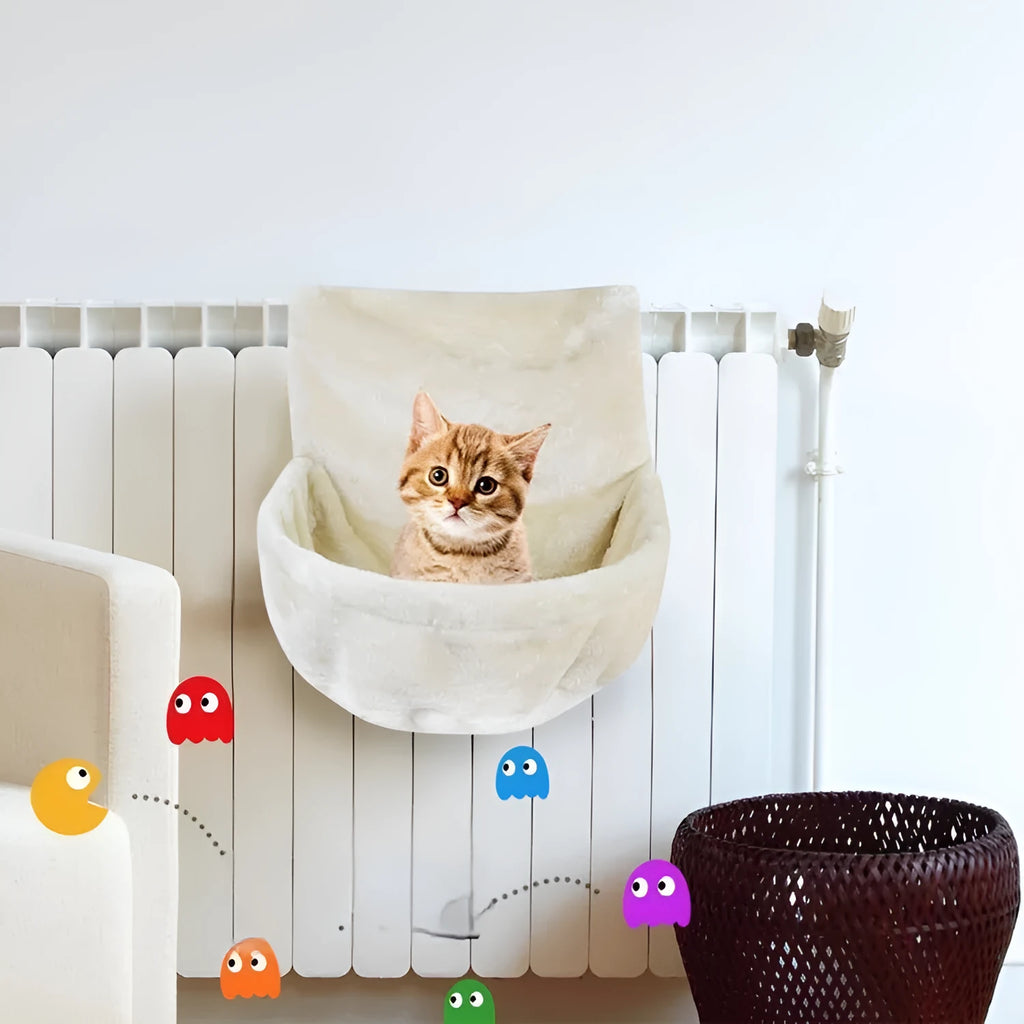 Grey iron frame cat hammock with soft fleece fabric, mounted inside a metal pet cage.