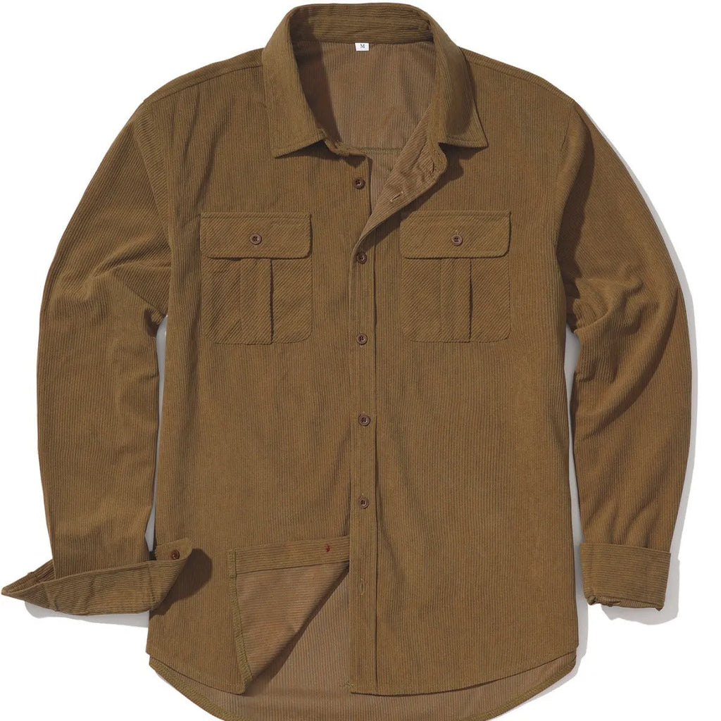 Men's retro corduroy shirt with velvet finish in Army Green colour showing loose fit and long sleeves