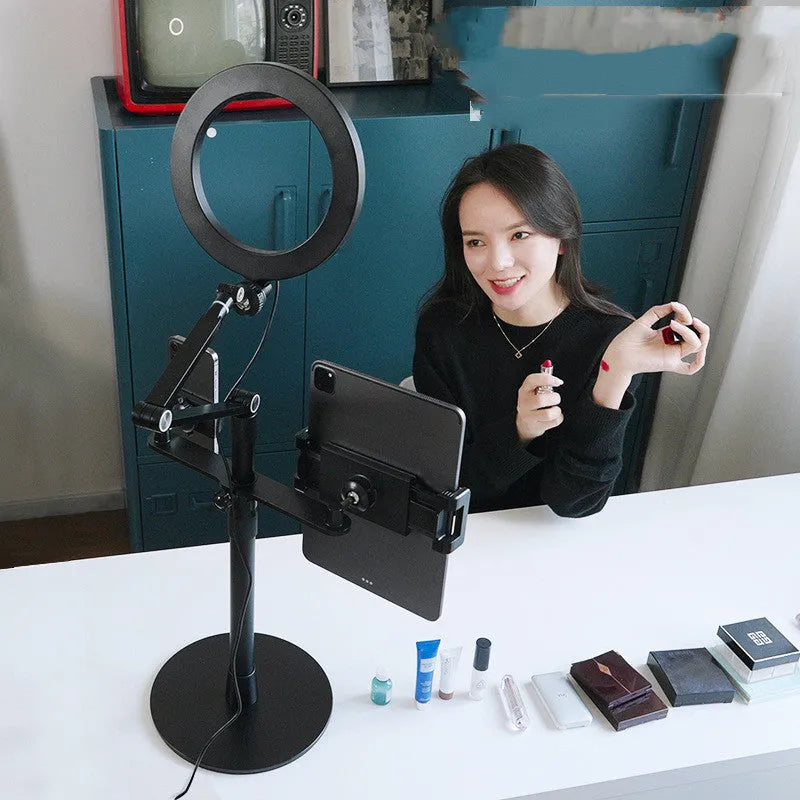 Black aluminium mobile phone tablet stand with fill light for floor-standing live broadcasts