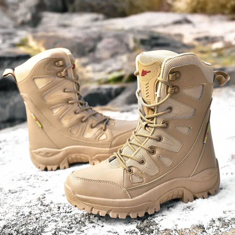 Cowhide leather hi-top hiking shoes with platform soles in beige, black or brown