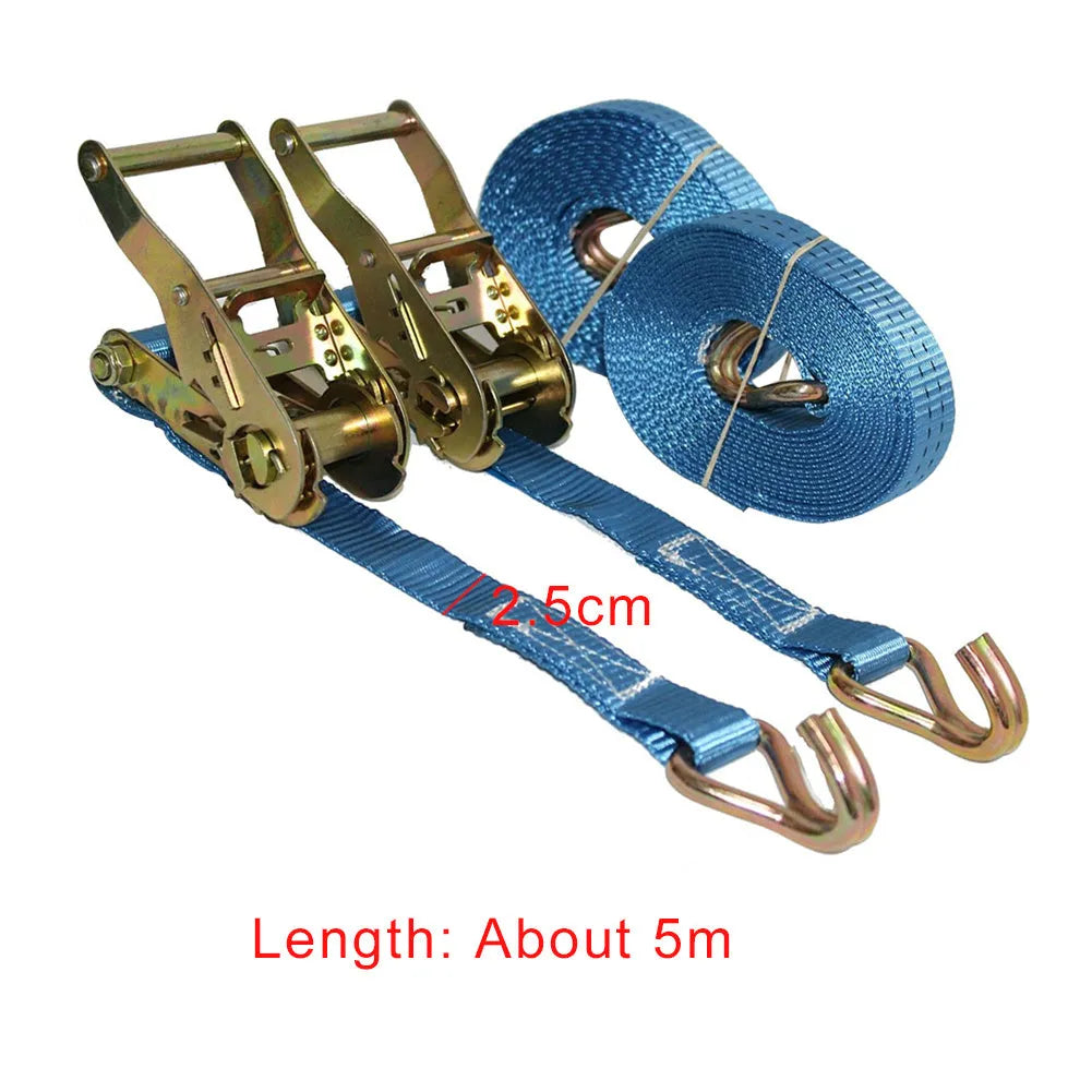 Steel ratchet tensioner with double hooks on a grey polyester fastening strap for cargo binding