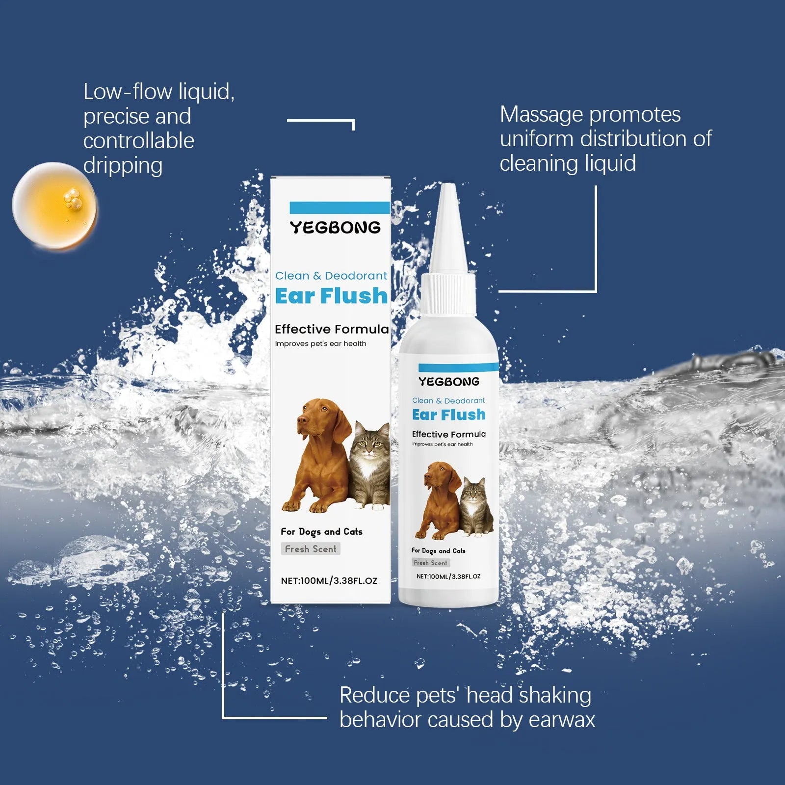 100ml bottle of dog and cat ear cleaner solution for gentle earwax removal.