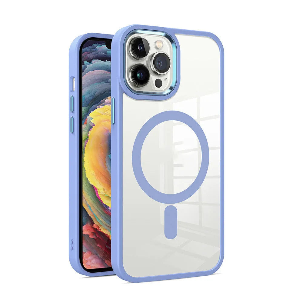 Transparent silicone magnetic phone case for iPhone on a table, shown in Plum Red colour.