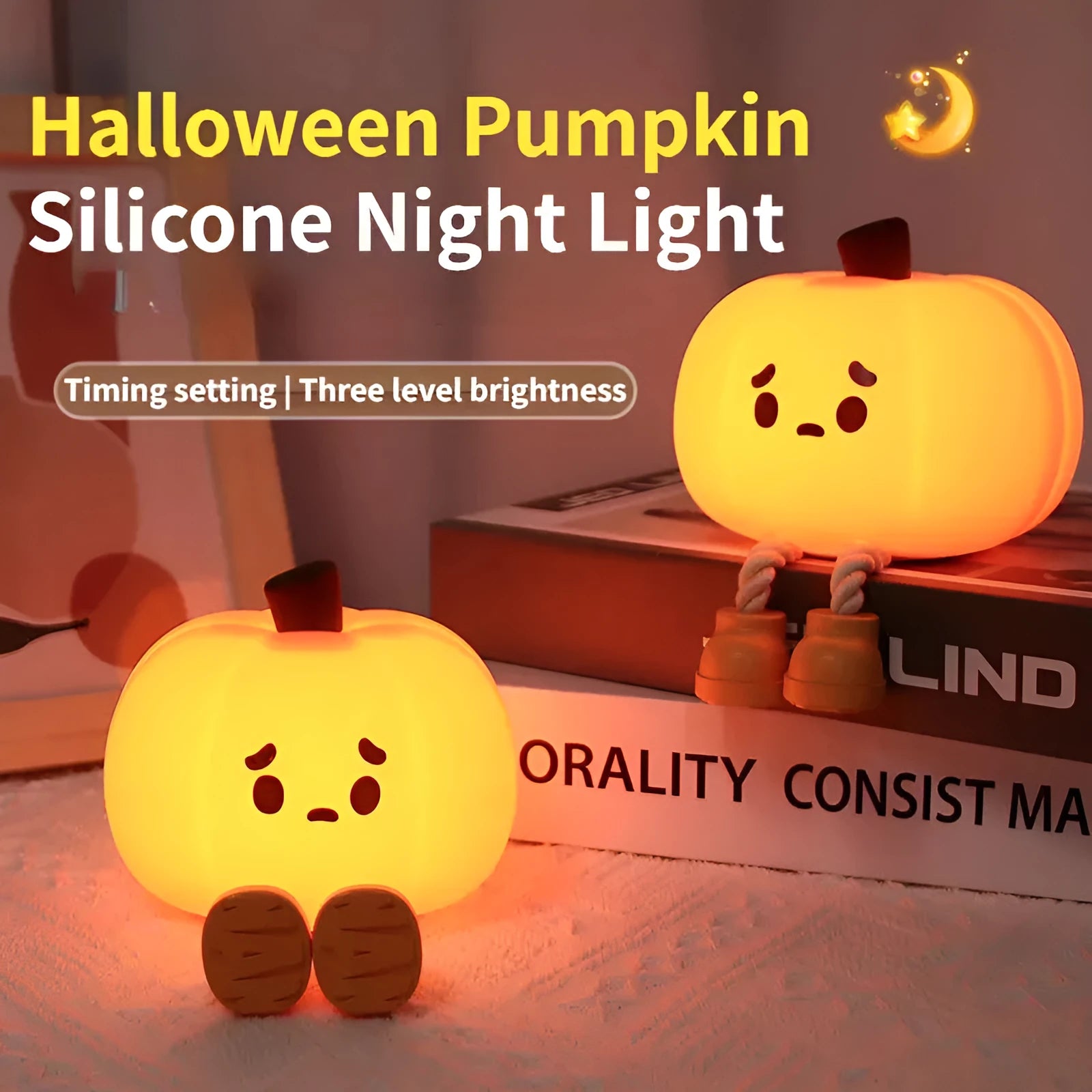 Soft orange silicone pumpkin-shaped night light with a warm glow on a bedside table.