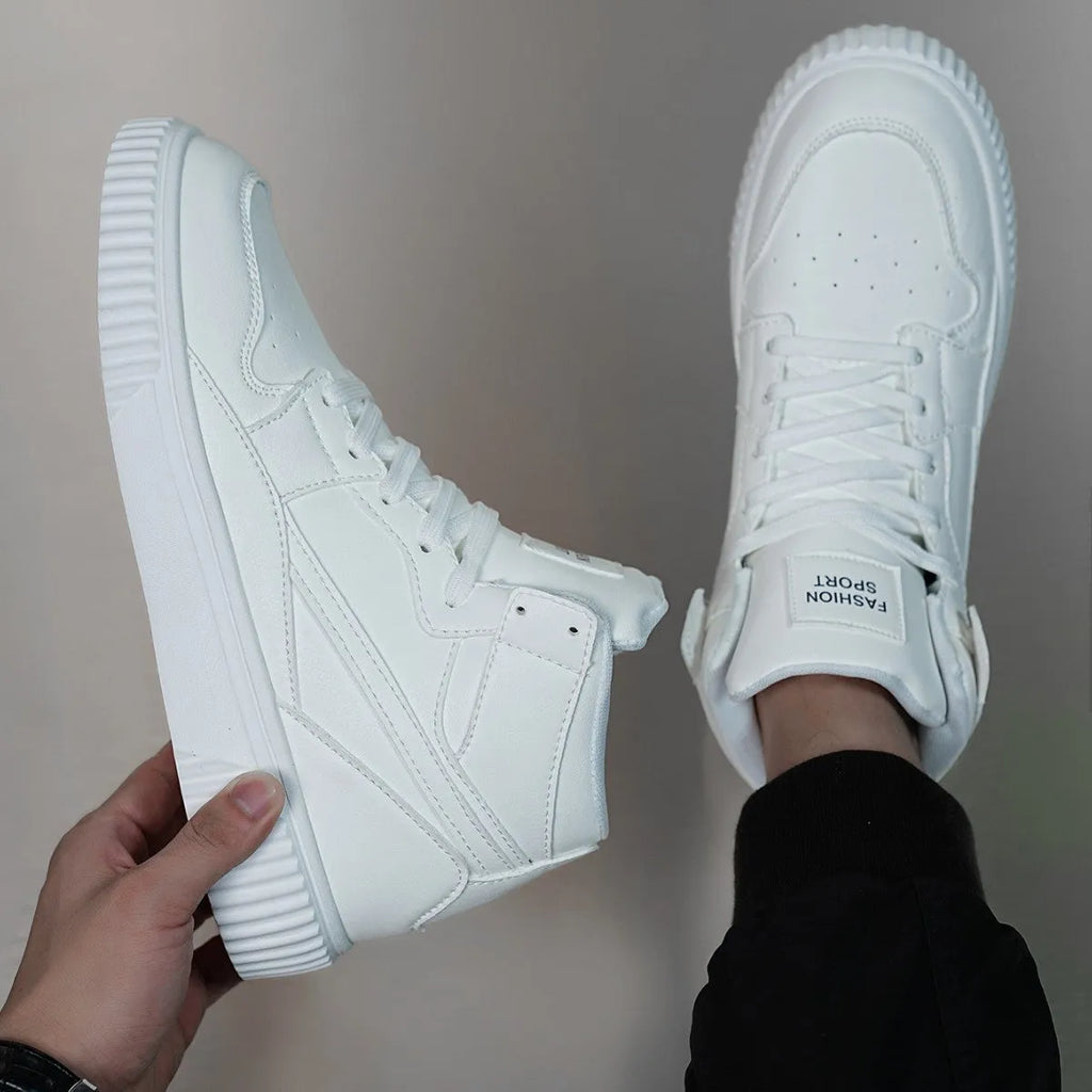 White men's casual shoes with a round toe and microfiber upper.