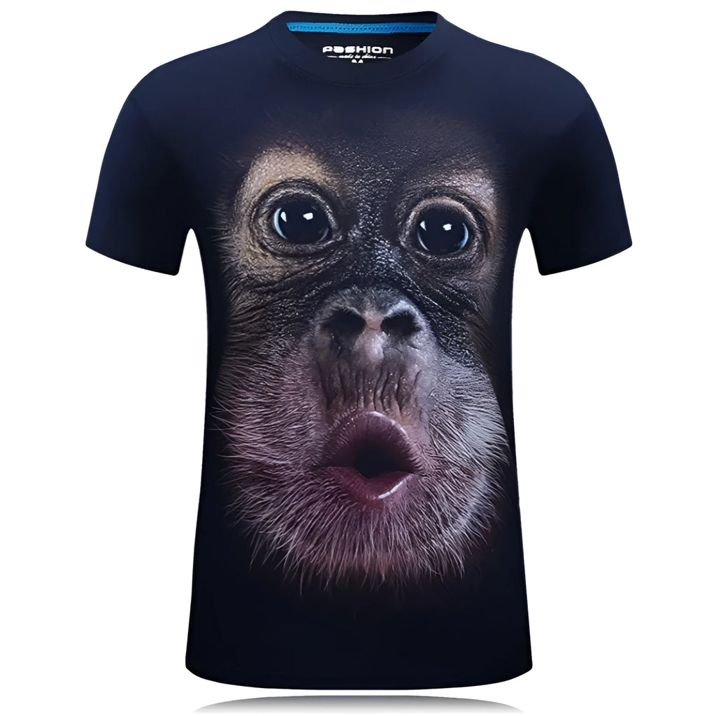 Men's short-sleeved cotton T-shirt with 3D gorilla print in black, straight fit, high temperature fixing process