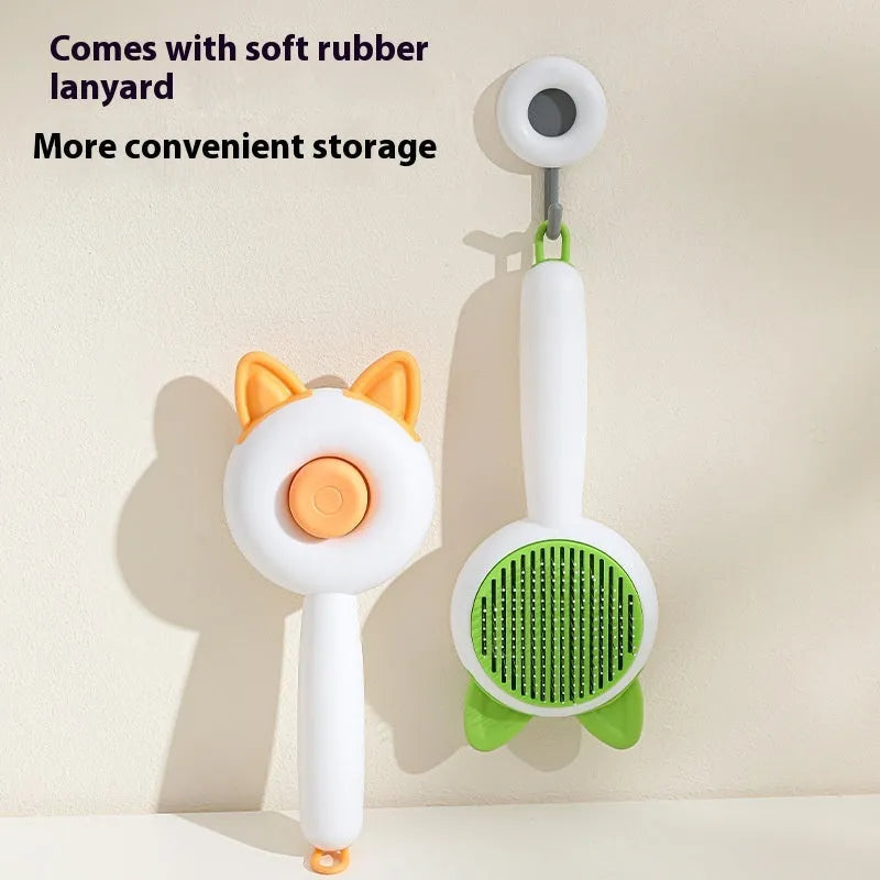Self-cleaning pet hair comb for cats in greenish white and orange white colour options