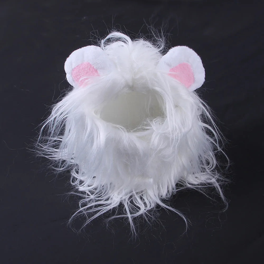 Pet lion headgear wig hat costume on cat with adjustable strap in black colour