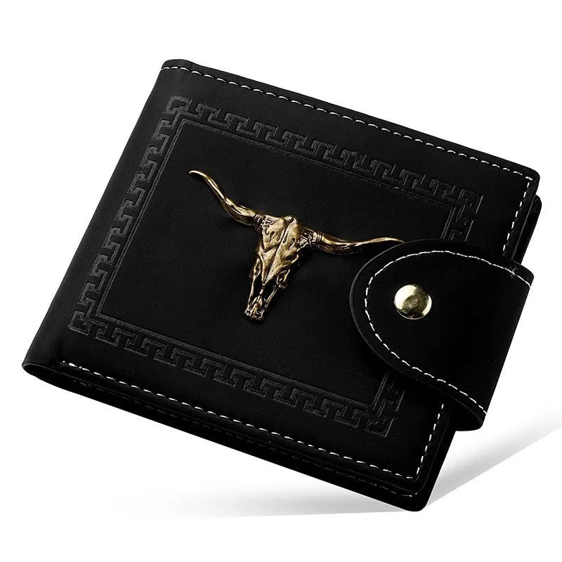 Black animal print men's short wallet with a zipper closure and multiple card slots.