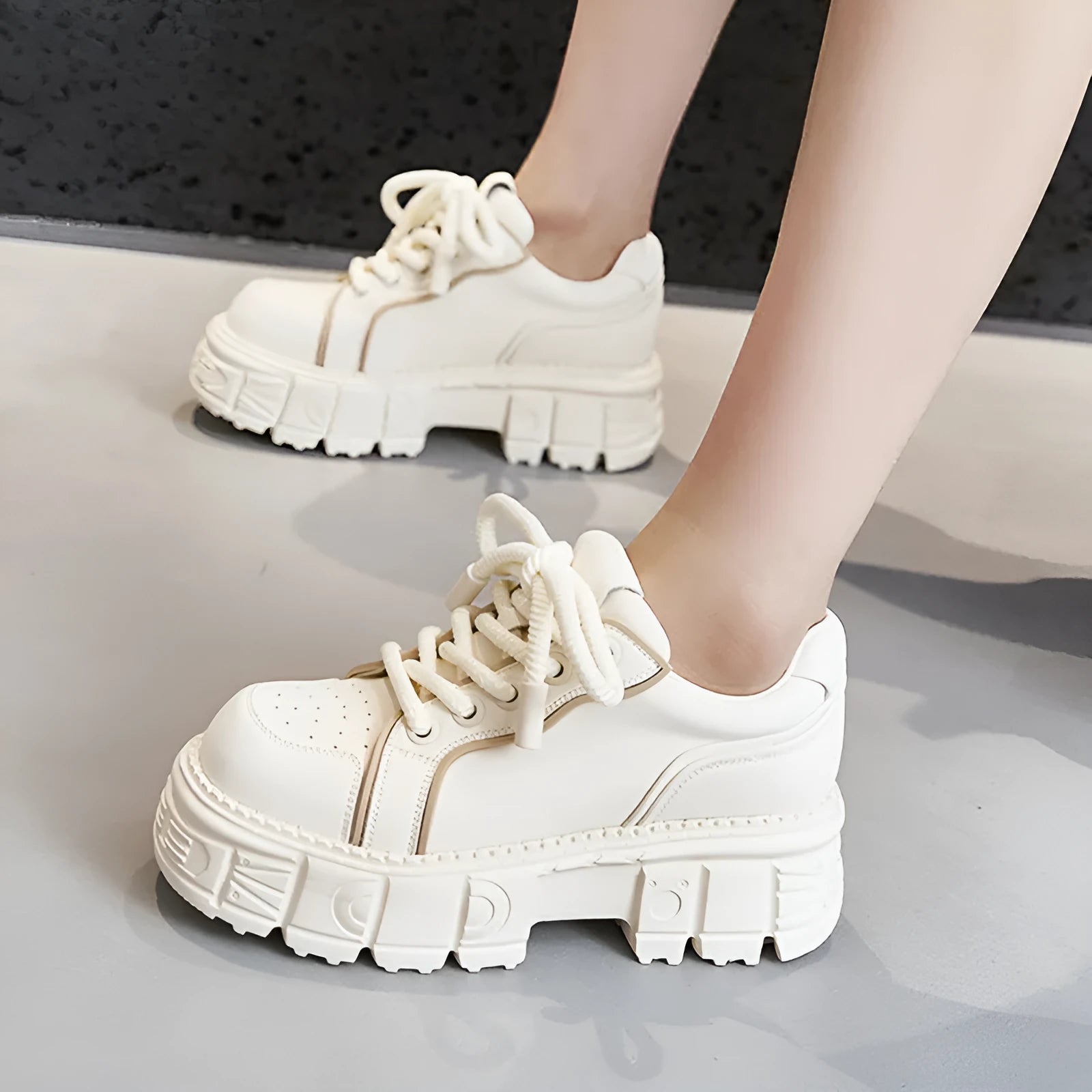 Beige and pink leather casual shoes with muffin bottom design and rubber foam soles