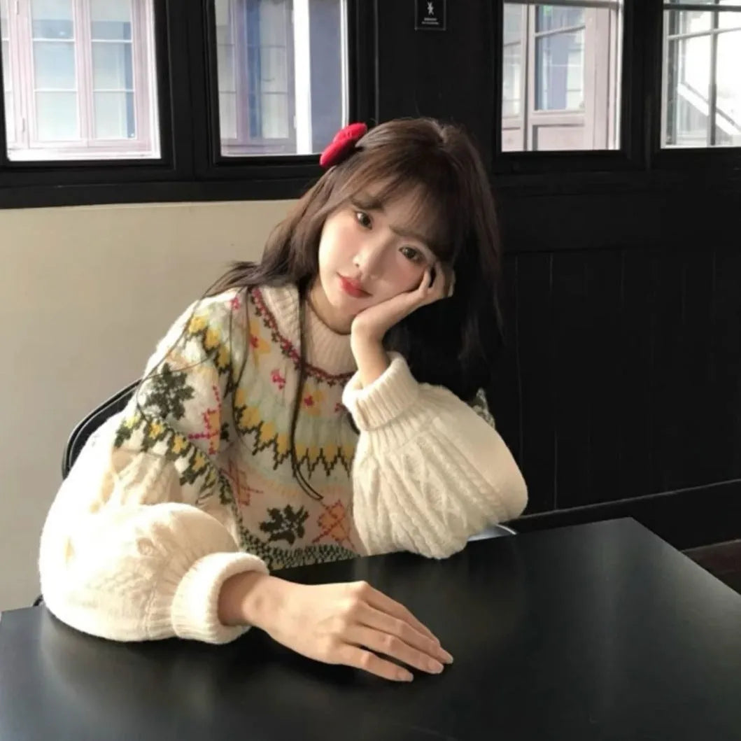 Women's Milky White lantern sleeve pullover sweater with Mori-style textured knitting
