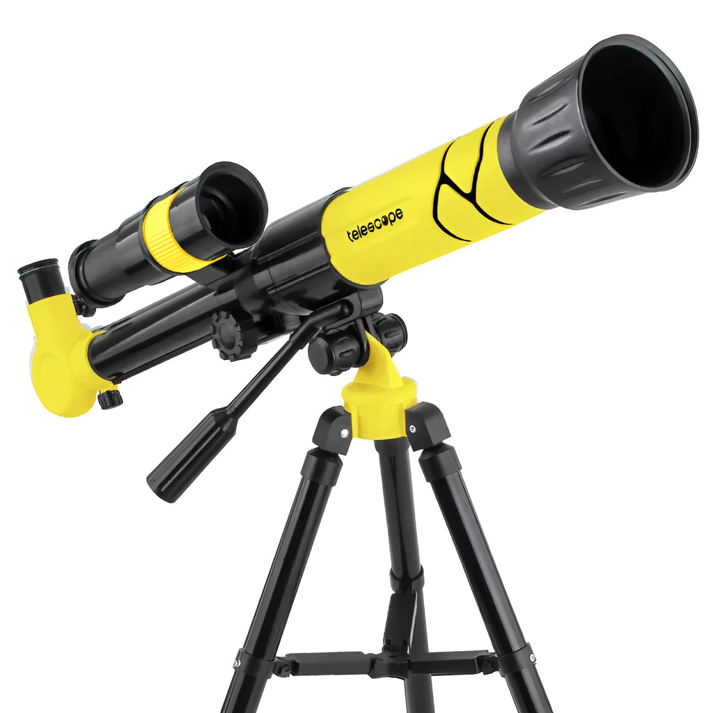 Yellow kids astronomical telescope with 150X magnification on adjustable tripod
