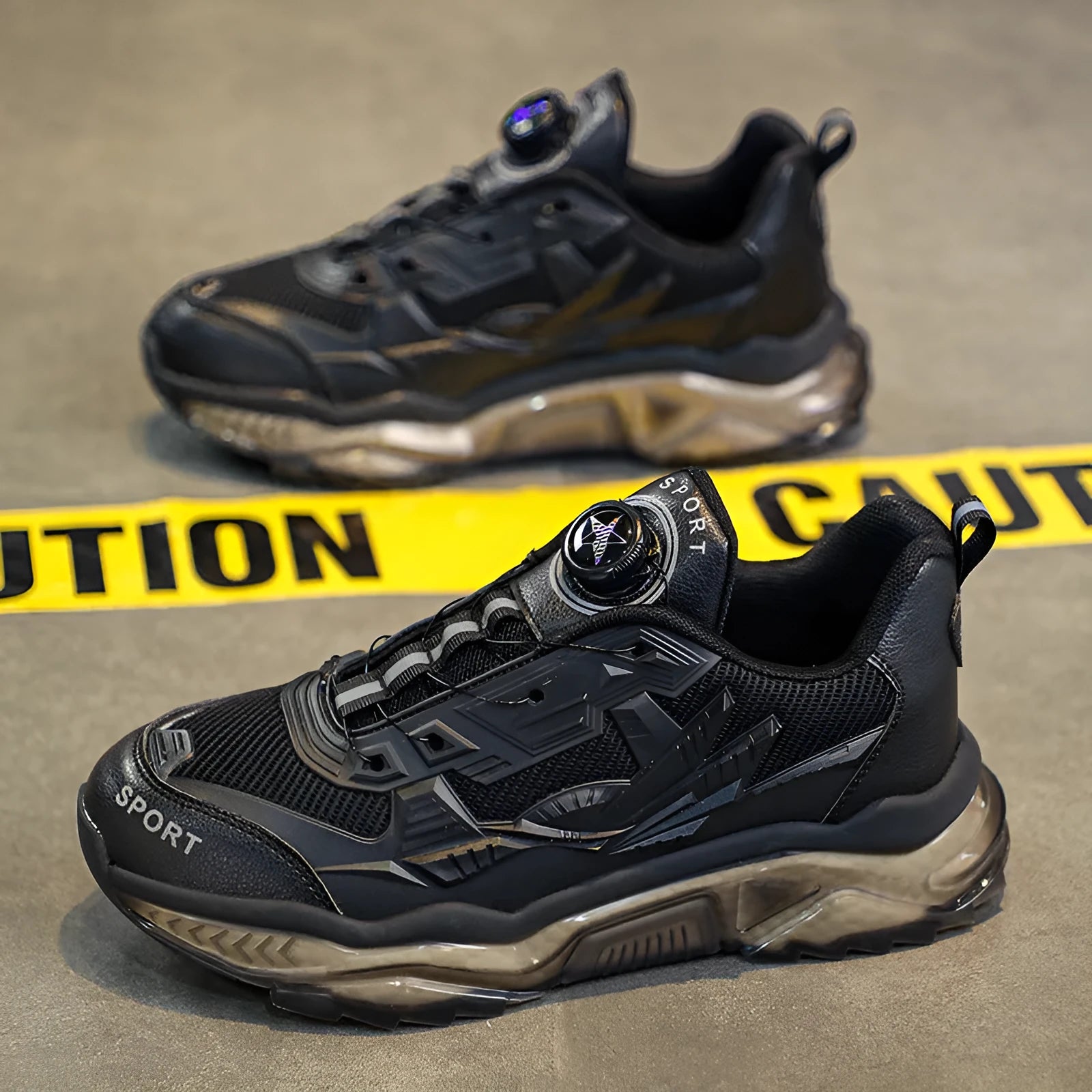 Men's black rotating button casual dad shoes with mesh upper and platform sole